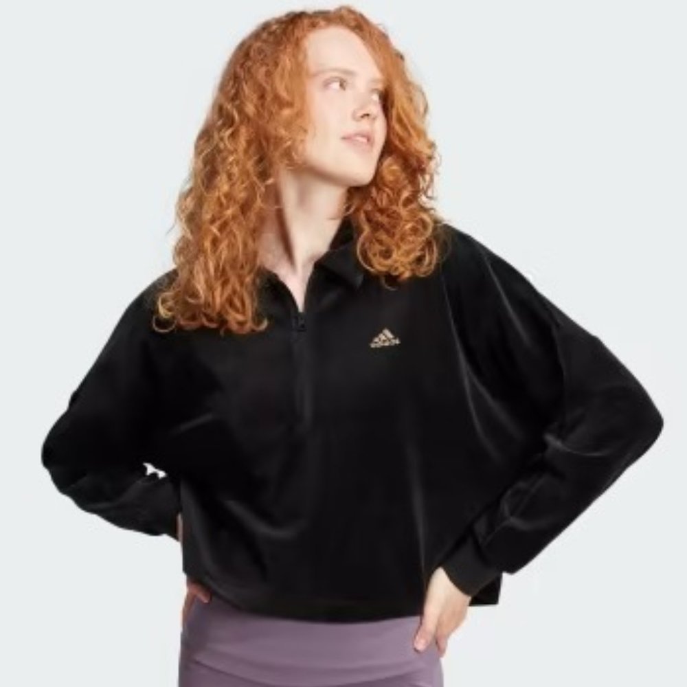 NWT Adidas Crop Velour Quater-Zip Sweatshirt Black & Metallic Gold Woman's XS